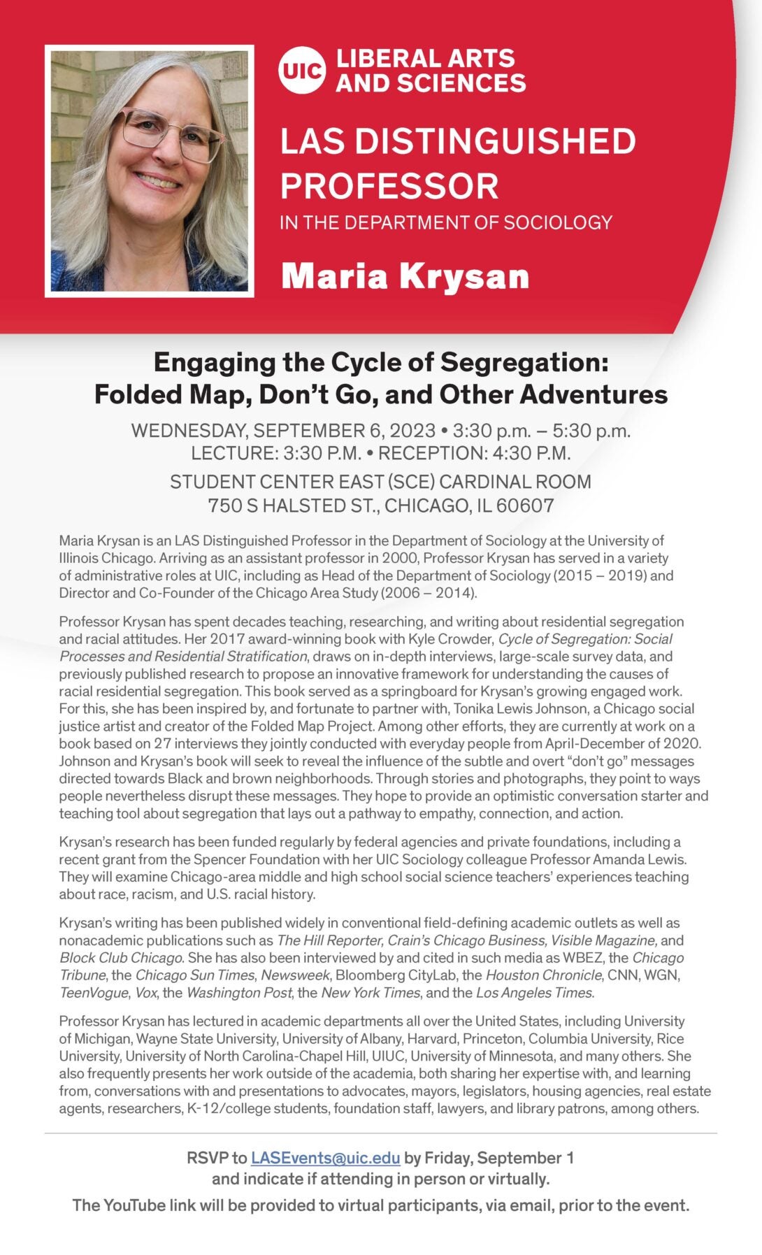 Red and white advertisment of LAS DIstinguished Professor Maria Krysan