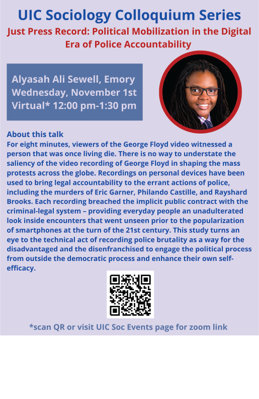 UIC Sociology Colloquium Series Flyer: Alyasah Ali Sewell